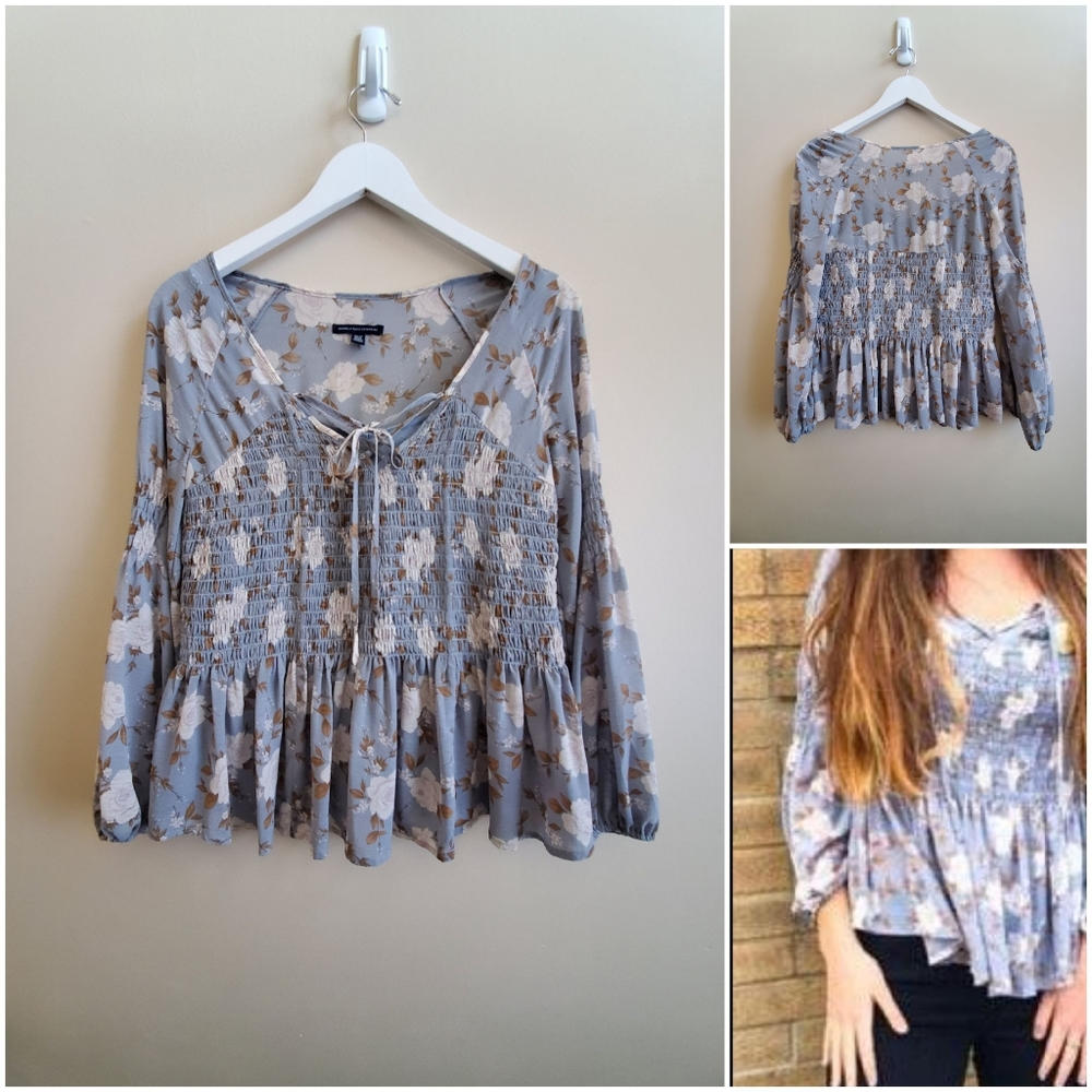 American eagle outfitters Light blue floral long sleeve top, smocking details